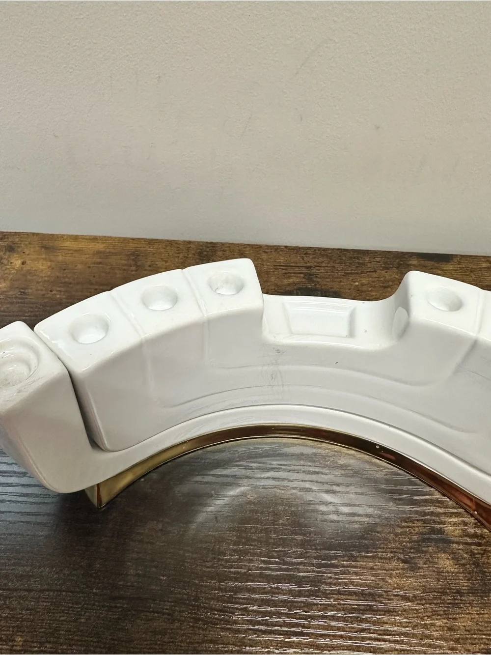 White Ceramic Menorah with Gold Base